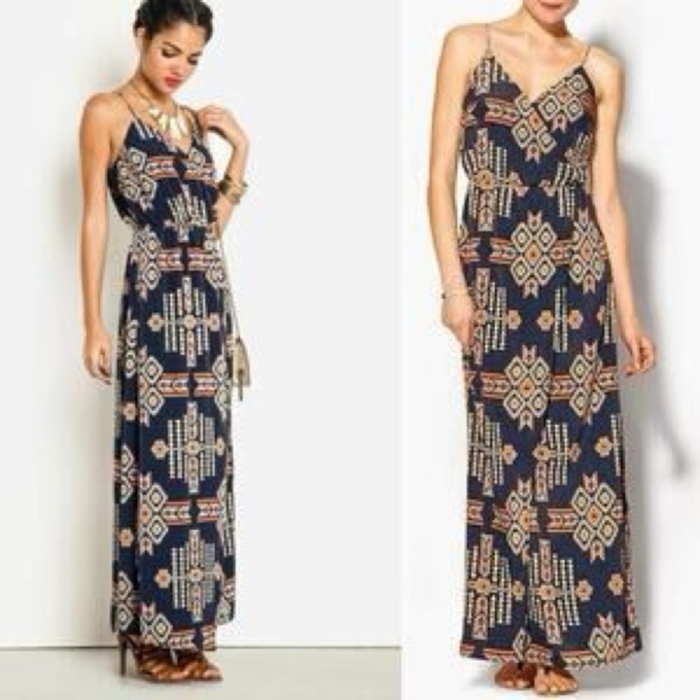 Under Skies Navy and Tan Patterned Maxi Dress